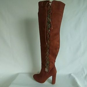 Suede thigh high cut out lace up boots